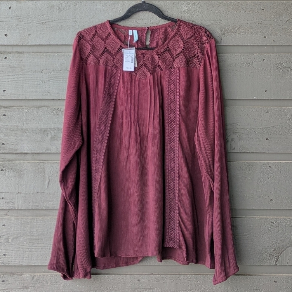 NWT Maurice's Burgundy Lace Long Sleeve Boho Blouse Top Size XXL
